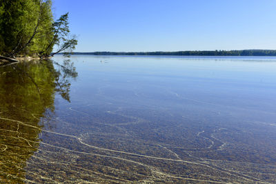 Scenic view of lake against clear blue sky