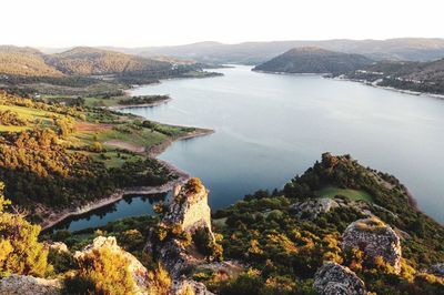 High angle view of sea and mountains