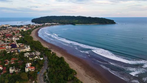 Beautiful aerial view, panoramic beach in pangandaran, west java - indonesia.