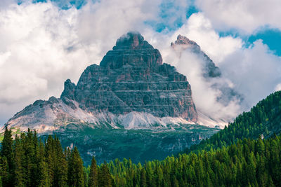 Storm clouds over the dolomites, italy. three peaks of lavaredo.