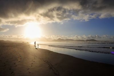 Silhouette person standing on beach against sky during sunset