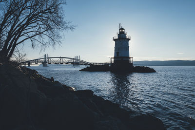 Lighthouse by sea against sky