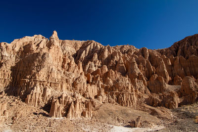 Panoramic view of rocks and mountains against clear blue sky