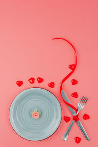 High angle view of red berries on table