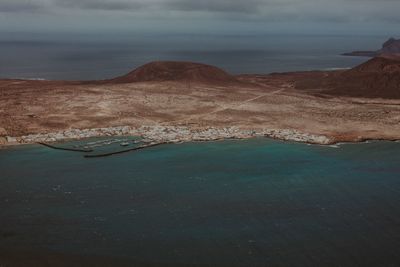 Aerial view of sea against cloudy sky