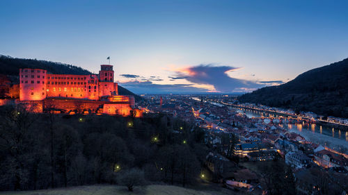 Aerial view of city at sunset