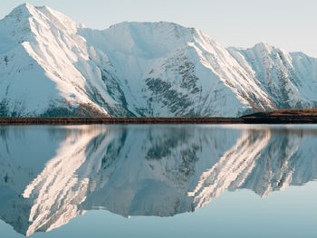 Lake by snowcapped mountains against sky