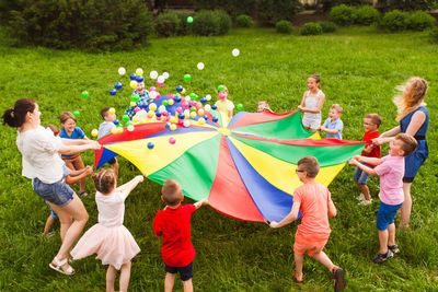 Rear view of people enjoying on land