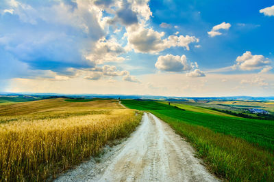 Dirt road passing through field against cloudy sky