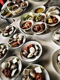 High angle view of food served on table