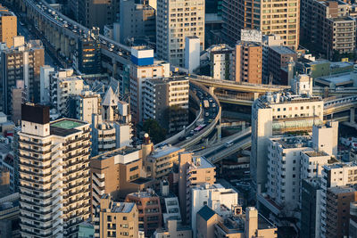 High angle view of buildings in city