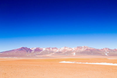 Scenic view of snowcapped mountains against clear blue sky