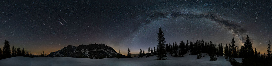 Scenic view of snowcapped mountains against sky at night