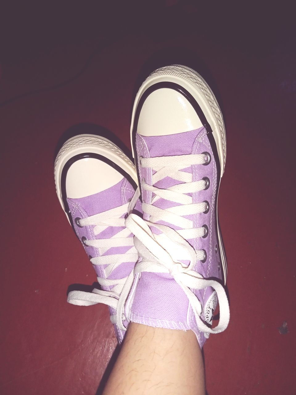 shoe, footwear, human leg, one person, pink, low section, limb, human limb, indoors, purple, adult, studio shot, personal perspective, canvas shoe, human foot, close-up, fashion, women, lifestyles, shoelace, colored background