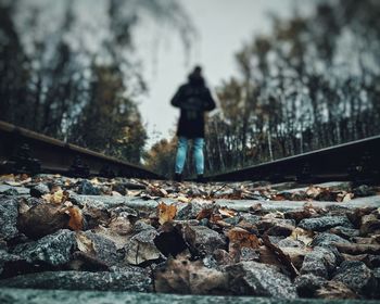 Rear view of person standing on railroad tracks