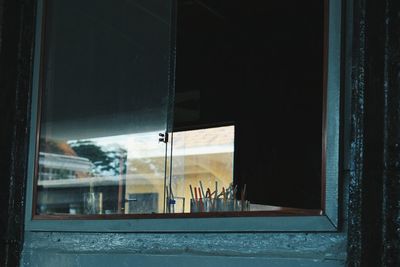 Close-up of window of an old train cabin.