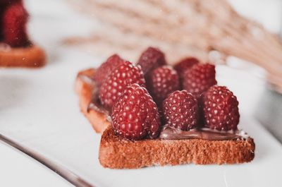 Close-up of raspberries in plate