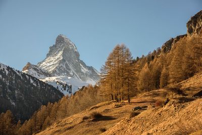 Scenic view of snow mountains against clear sky