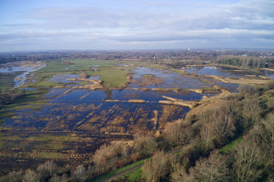 High angle view of land against sky