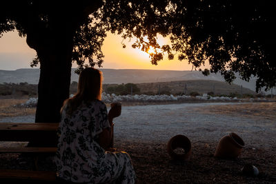 Rear view of people at sunset