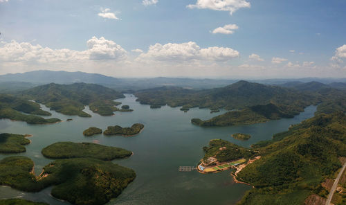 Aerial view of landscape and mountains against sky