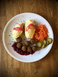 High angle view of breakfast served on table