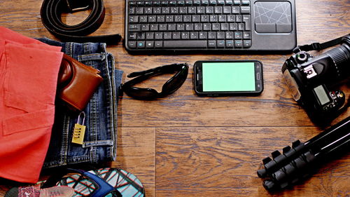 High angle view of objects on table