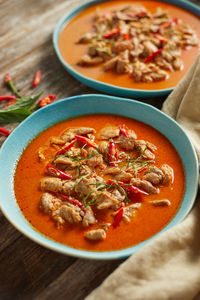 High angle view of soup in bowl on table