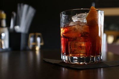 Close-up of beer in glass on table