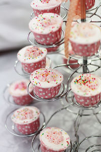 High angle view of cupcakes on table