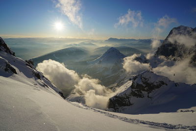 Scenic view of snow mountains against sky during sunset