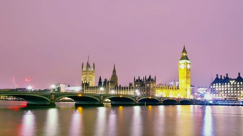 Scenic view of thames river by illuminated houses of parliament and westminster bridge against clear sky