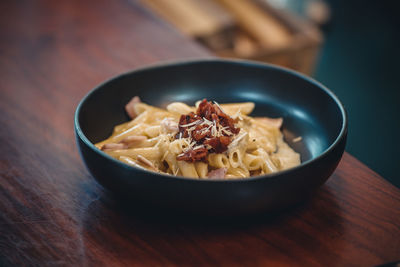High angle view of noodles in bowl on table