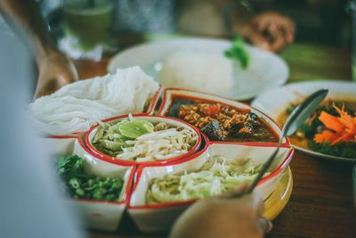 Close-up of meal served on table