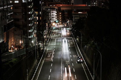 High angle view of traffic on road at night