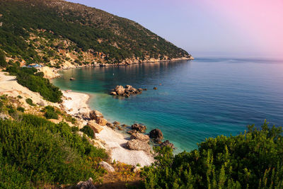 High angle view of bay against sky