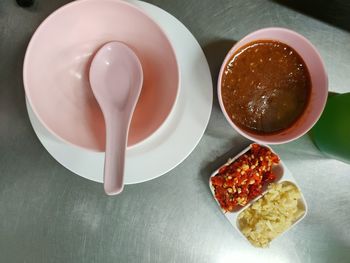 High angle view of breakfast served on table