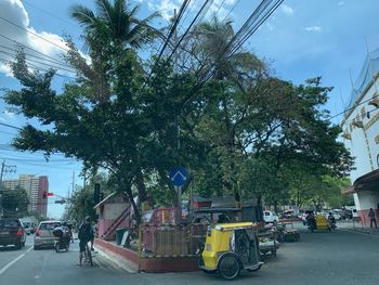 Cars on road by trees in city against sky