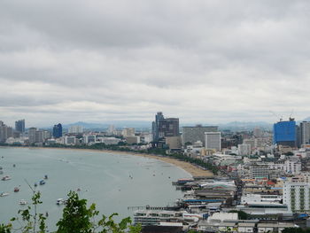 High angle view of pattaya bay in city against sky