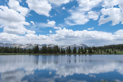 Scenic view of lake by trees against sky