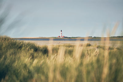 Lighthouse on field against sky