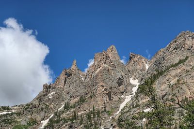 Low angle view of rocks against blue sky