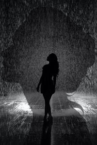 Rear view of silhouette woman walking on wet street at night