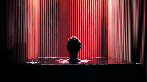 Full length rear view of silhouette man standing against curtain