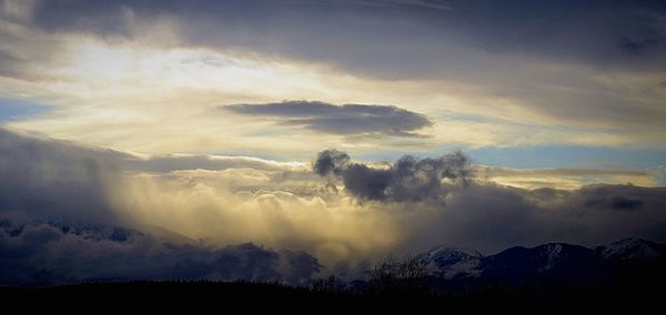 Scenic view of mountains against cloudy sky