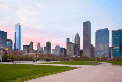 Downtown city skyline at dusk, chicago, illinois, united states