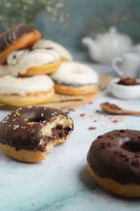 Close-up of donut on plate on the table