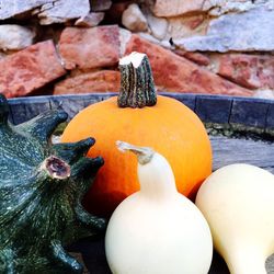 Close-up of pumpkin against stone wall during halloween