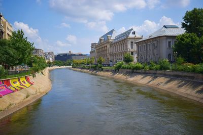 River amidst buildings in city against sky