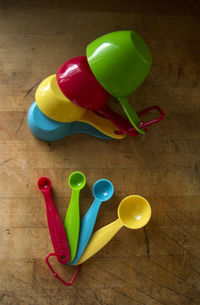 High angle view of colorful balloons on table